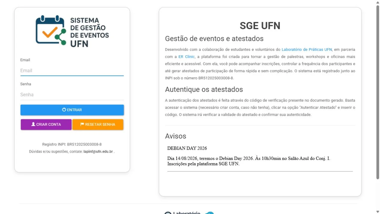 Tela de acesso do Sistema de Gestão de Eventos da UFN